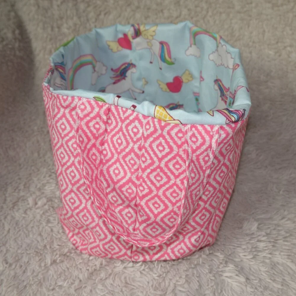 Girls Handmade Pink Rainbow Unicorn Storage Bin Basket Bag with Handles